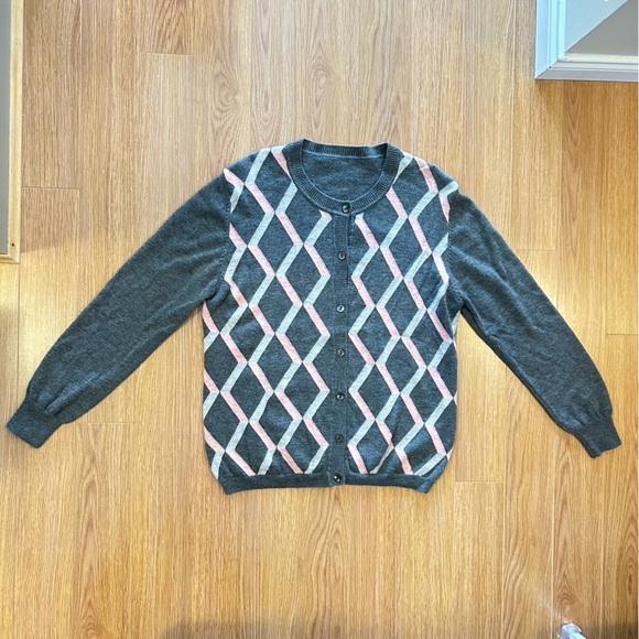 Vintage Wool Cashmere Argyle Button-Up Cardigan Pink Grey - Picture 3 of 13